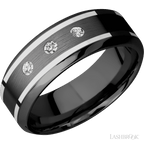 "8 mm wide/High Bevel/Zirconium band with  two 1 mm Wide inlays of 14K White Gold and featuring an  arrangement of 3, .05 carat Round Diamond (ST) stones in a Flush setting"