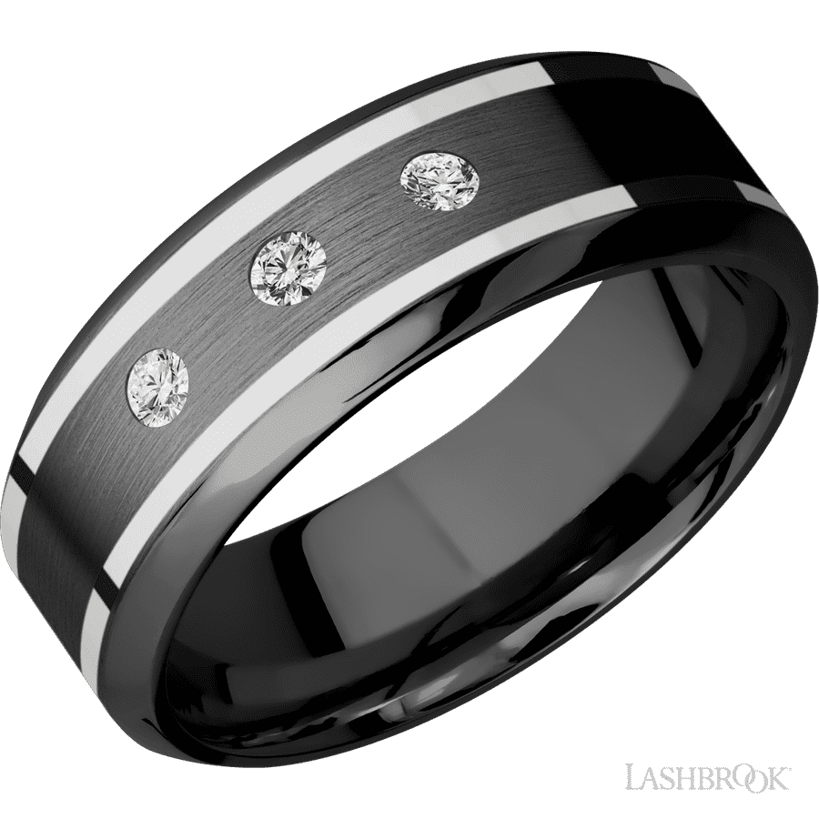 "8 mm wide/High Bevel/Zirconium band with  two 1 mm Wide inlays of 14K White Gold and featuring an  arrangement of 3, .05 carat Round Diamond (ST) stones in a Flush setting"