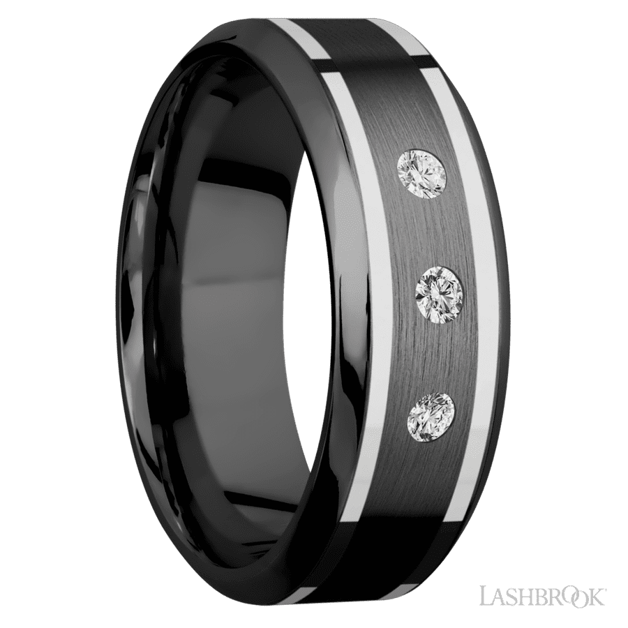 "8 mm wide/High Bevel/Zirconium band with  two 1 mm Wide inlays of 14K White Gold and featuring an  arrangement of 3, .05 carat Round Diamond (ST) stones in a Flush setting"