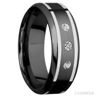 "8 mm wide/High Bevel/Zirconium band with  two 1 mm Wide inlays of 14K White Gold and featuring an  arrangement of 3, .05 carat Round Diamond (ST) stones in a Flush setting"