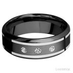 "8 mm wide/High Bevel/Zirconium band with  two 1 mm Wide inlays of 14K White Gold and featuring an  arrangement of 3, .05 carat Round Diamond (ST) stones in a Flush setting"