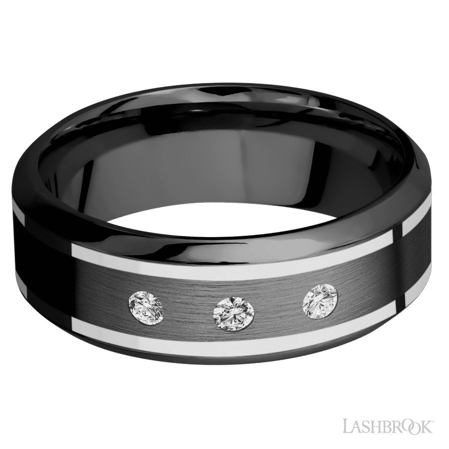 "8 mm wide/High Bevel/Zirconium band with  two 1 mm Wide inlays of 14K White Gold and featuring an  arrangement of 3, .05 carat Round Diamond (ST) stones in a Flush setting"
