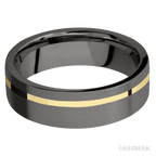 7 mm wide/Flat/Tantalum Noir band with one 1 mm Off Center inlay of 14K Yellow Gold.