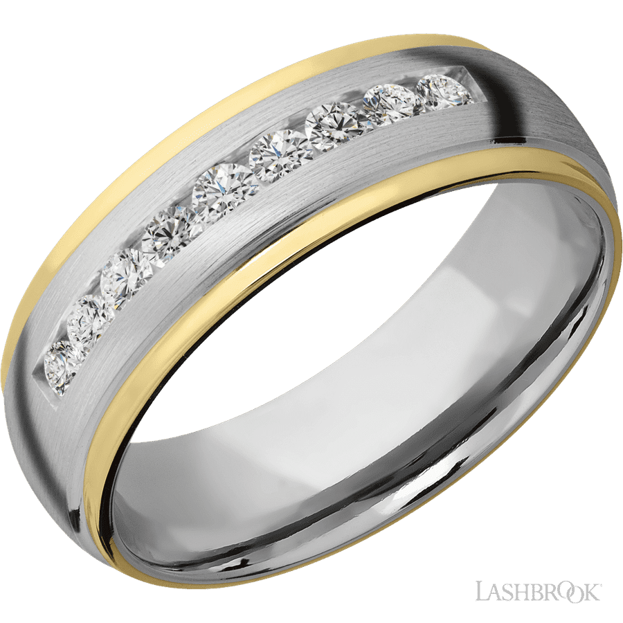 "7 mm wide/Domed Stepped Down Edges/Cobalt Chrome band with an  arrangement of 9, .05 carat Round Lab Grown Diamond stones in a Channel setting and featuring two 1 mm Edge inlays of 14K Yellow Gold"
