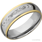 "7 mm wide/Domed Stepped Down Edges/Cobalt Chrome band with an  arrangement of 9, .05 carat Round Lab Grown Diamond stones in a Channel setting and featuring two 1 mm Edge inlays of 14K Yellow Gold"