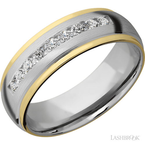 "7 mm wide/Domed Stepped Down Edges/Cobalt Chrome band with an  arrangement of 9, .05 carat Round Lab Grown Diamond stones in a Channel setting and featuring two 1 mm Edge inlays of 14K Yellow Gold"