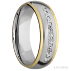 "7 mm wide/Domed Stepped Down Edges/Cobalt Chrome band with an  arrangement of 9, .05 carat Round Lab Grown Diamond stones in a Channel setting and featuring two 1 mm Edge inlays of 14K Yellow Gold"