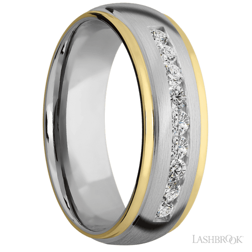 "7 mm wide/Domed Stepped Down Edges/Cobalt Chrome band with an  arrangement of 9, .05 carat Round Lab Grown Diamond stones in a Channel setting and featuring two 1 mm Edge inlays of 14K Yellow Gold"