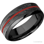8 mm wide/High Bevel/Zirconium band featuring inlays of Forged Carbon Fiber and USMC Red.