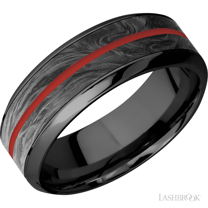 8 mm wide/High Bevel/Zirconium band featuring inlays of Forged Carbon Fiber and USMC Red.