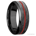 8 mm wide/High Bevel/Zirconium band featuring inlays of Forged Carbon Fiber and USMC Red.