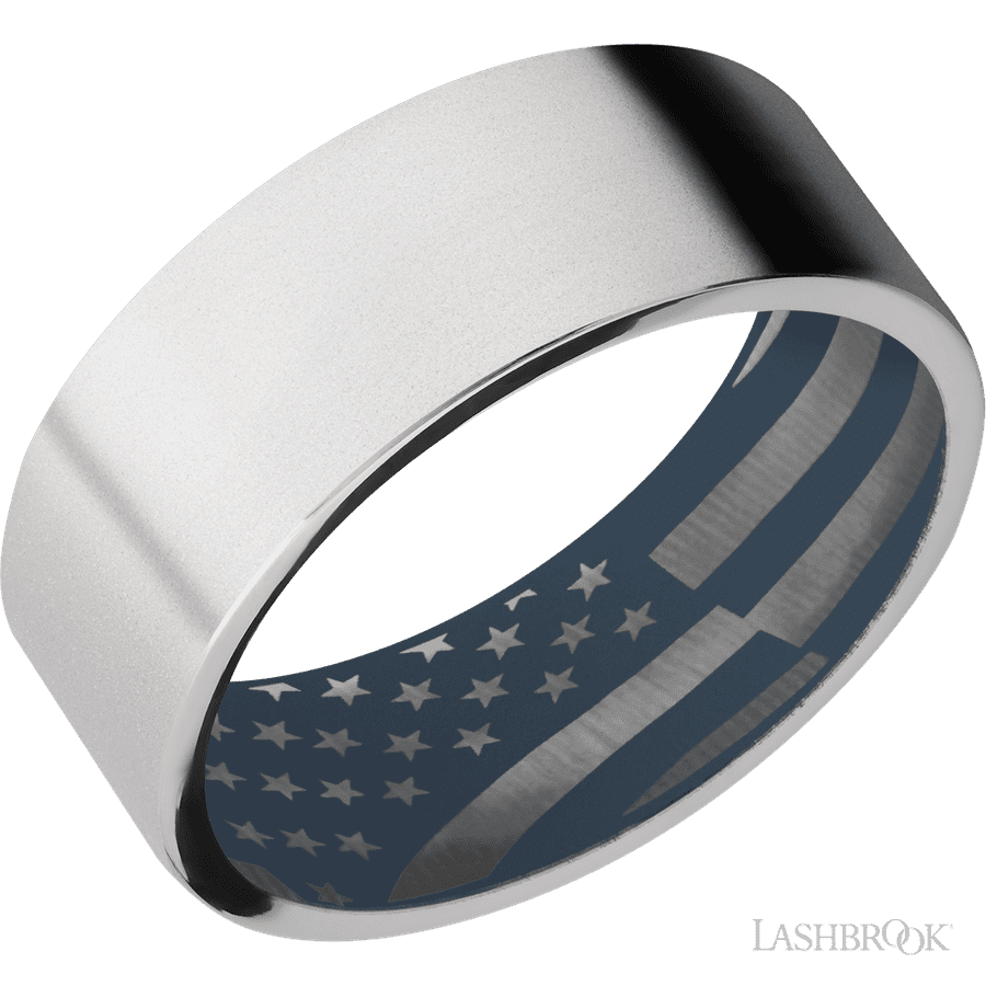 8 mm wide Flat Cobalt Chrome band featuring a Navy Blue sleeve.
