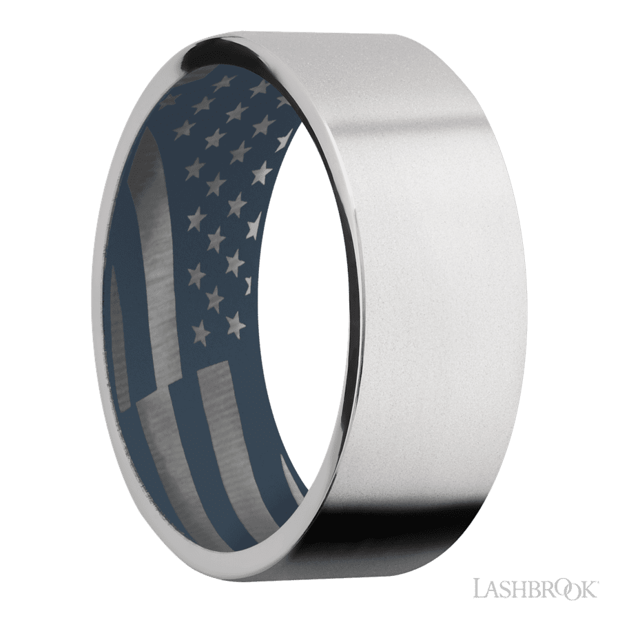 8 mm wide Flat Cobalt Chrome band featuring a Navy Blue sleeve.