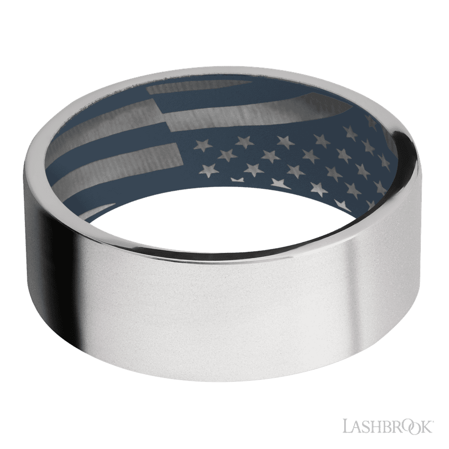 8 mm wide Flat Cobalt Chrome band featuring a Navy Blue sleeve.