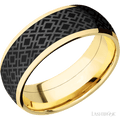 8 mm wide/Domed/14K Yellow Gold band with one 6 mm Centered inlay of Zirconium with a laser carved Trellis 2 pattern.