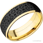 8 mm wide/Domed/14K Yellow Gold band with one 6 mm Centered inlay of Zirconium with a laser carved Trellis 2 pattern.