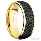 8 mm wide/Domed/14K Yellow Gold band with one 6 mm Centered inlay of Zirconium with a laser carved Trellis 2 pattern.