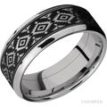 8 mm wide/Beveled/Cobalt Chrome band with one 6 mm Centered inlay of Tantalum with a laser carved Aztec 2 pattern.
