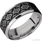 8 mm wide/Beveled/Cobalt Chrome band with one 6 mm Centered inlay of Tantalum with a laser carved Aztec 2 pattern.