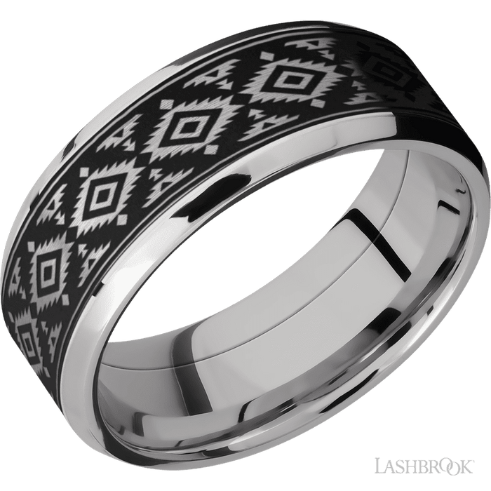 8 mm wide/Beveled/Cobalt Chrome band with one 6 mm Centered inlay of Tantalum with a laser carved Aztec 2 pattern.