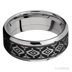 8 mm wide/Beveled/Cobalt Chrome band with one 6 mm Centered inlay of Tantalum with a laser carved Aztec 2 pattern.