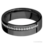 7 mm wide/Flat/Zirconium band with a Off Center Half Eternity arrangement of .015 carat Round Diamond stones in a Bead setting.