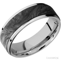 7 mm wide/Flat Grooved Edges/Cobalt Chrome band with one 5 mm Raised Centered inlay of Forged Carbon Fiber.