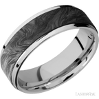 7 mm wide/Flat Grooved Edges/Cobalt Chrome band with one 5 mm Raised Centered inlay of Forged Carbon Fiber.