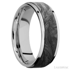 7 mm wide/Flat Grooved Edges/Cobalt Chrome band with one 5 mm Raised Centered inlay of Forged Carbon Fiber.