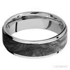 7 mm wide/Flat Grooved Edges/Cobalt Chrome band with one 5 mm Raised Centered inlay of Forged Carbon Fiber.