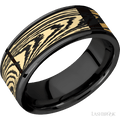 8 mm wide/Flat/Zirconium band with one 6 mm Centered inlay of 14K Yellow Gold with a laser carved Woodgrain pattern.