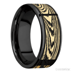 8 mm wide/Flat/Zirconium band with one 6 mm Centered inlay of 14K Yellow Gold with a laser carved Woodgrain pattern.