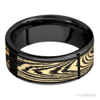 8 mm wide/Flat/Zirconium band with one 6 mm Centered inlay of 14K Yellow Gold with a laser carved Woodgrain pattern.