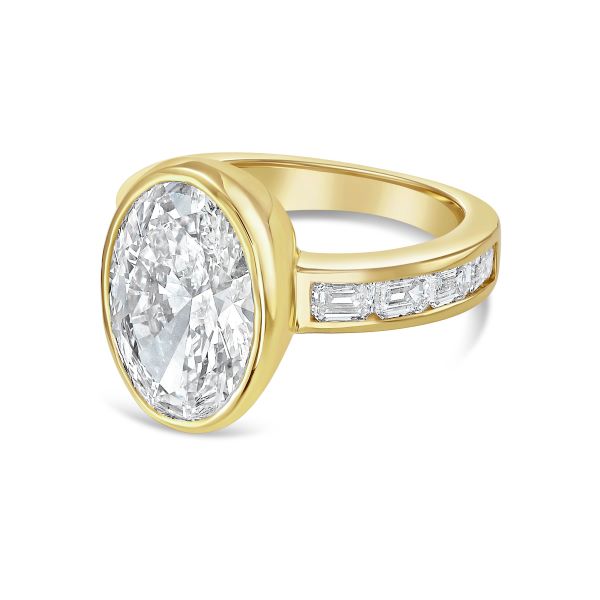Lab-Grown Bezel Oval Diamond Ring with Channel-Set Emerald Accents, 18K Gold