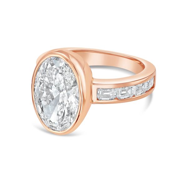 Lab-Grown Bezel Oval Diamond Ring with Channel-Set Emerald Accents