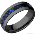 7 mm wide/Domed/Zirconium band with one 3 mm Centered inlay of Blue Tiger Eye.