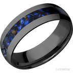 7 mm wide/Domed/Zirconium band with one 3 mm Centered inlay of Blue Tiger Eye.