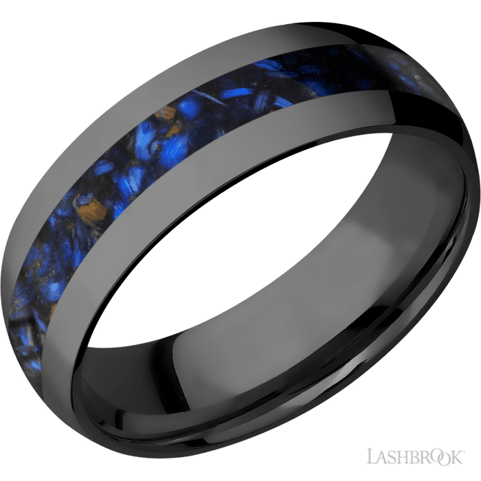 7 mm wide/Domed/Zirconium band with one 3 mm Centered inlay of Blue Tiger Eye.