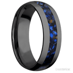 7 mm wide/Domed/Zirconium band with one 3 mm Centered inlay of Blue Tiger Eye.