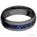 7 mm wide/Domed/Zirconium band with one 3 mm Centered inlay of Blue Tiger Eye.