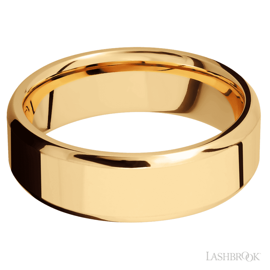 7 mm wide Beveled 14K Yellow Gold band.