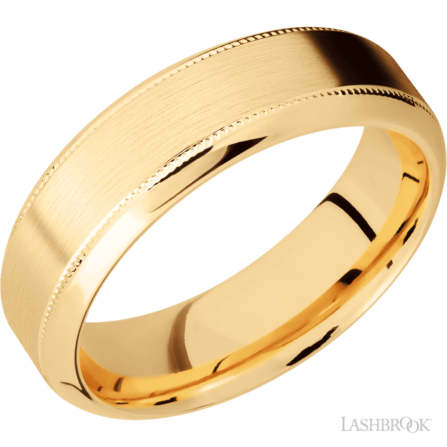 7 mm wide High Bevel Milgrain 14K Yellow Gold band.
