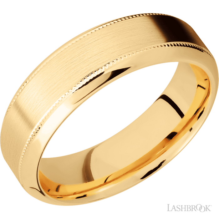 7 mm wide High Bevel Milgrain 14K Yellow Gold band.