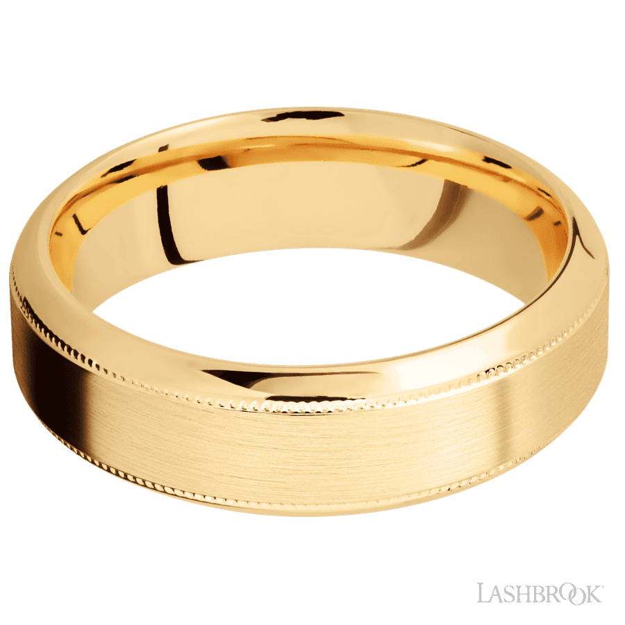 7 mm wide High Bevel Milgrain 14K Yellow Gold band.