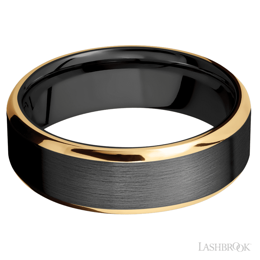 7 mm wide/Beveled/Zirconium band with two 1 mm Edge inlays of 14K Yellow Gold.