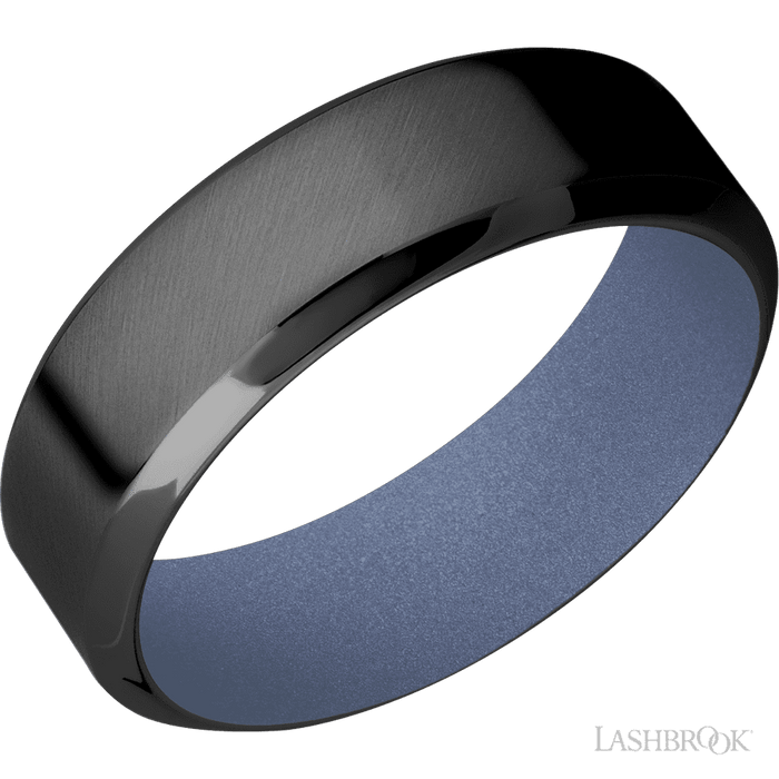 7 mm wide High Bevel Zirconium band featuring a Crushed Orchid sleeve.