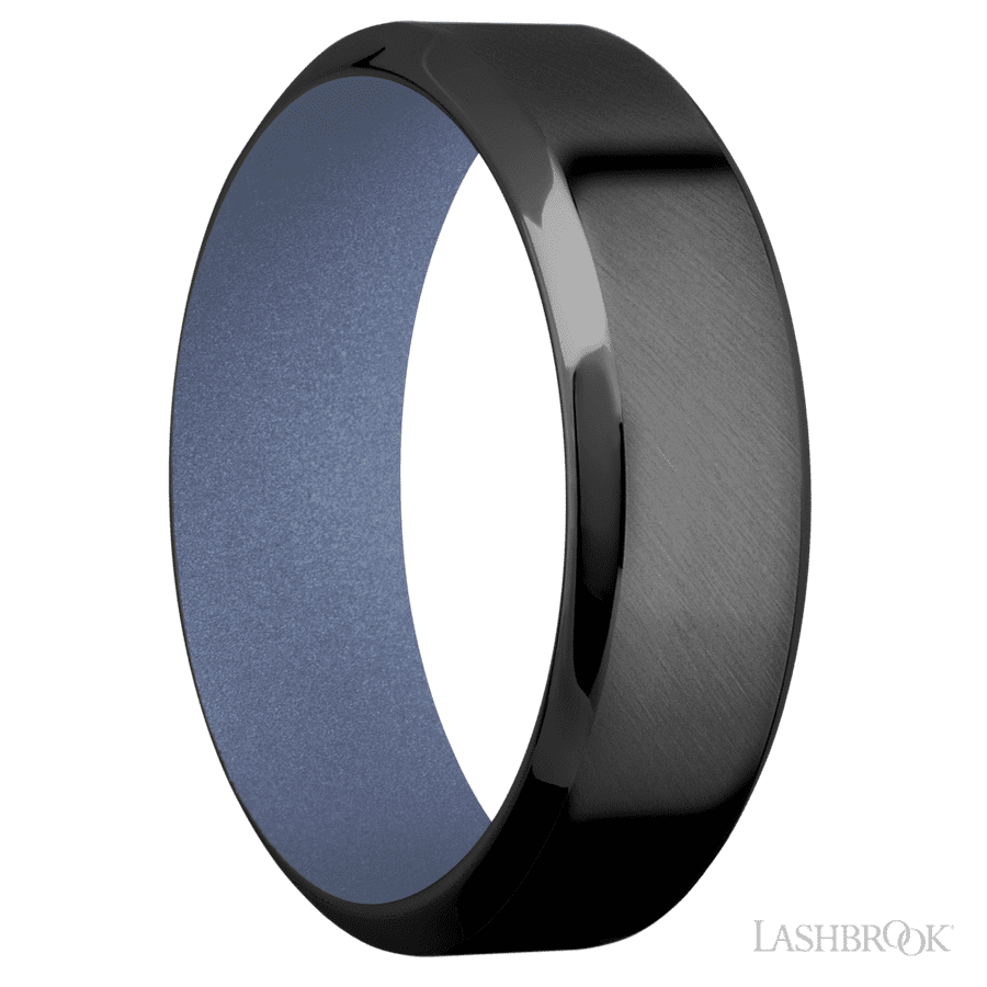 7 mm wide High Bevel Zirconium band featuring a Crushed Orchid sleeve.