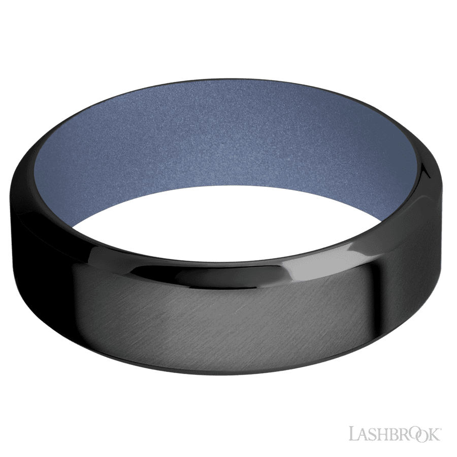 7 mm wide High Bevel Zirconium band featuring a Crushed Orchid sleeve.