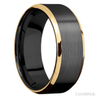 8 mm wide/Beveled/Zirconium band with two 1 mm Edge inlays of 14K Yellow Gold.