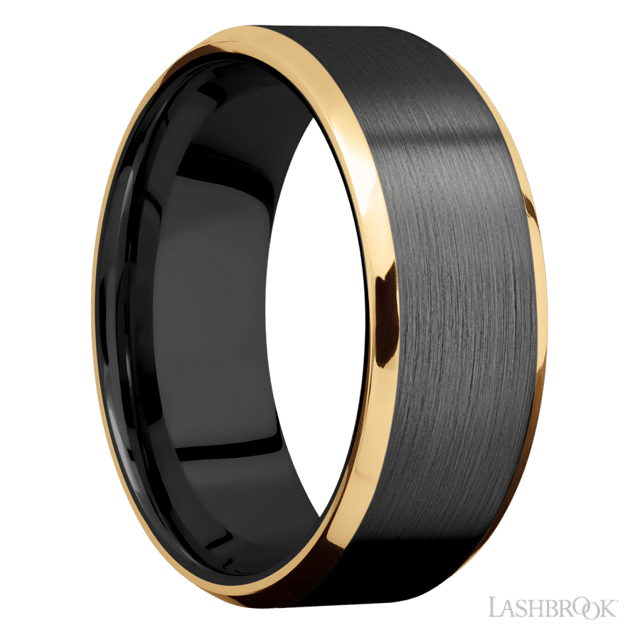 8 mm wide/Beveled/Zirconium band with two 1 mm Edge inlays of 14K Yellow Gold.